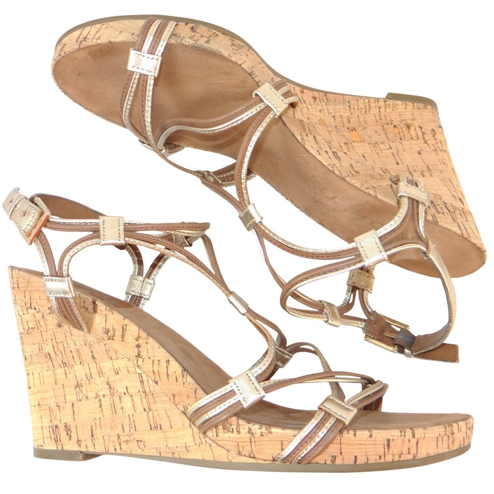Aerosoles‎ Womens Gold Metallic Strappy Cork Wedge Sandals Size 11